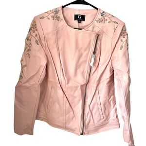 NWOT G by Giuliana Pink Embroidered Moto Jacket Size M – Floral Detail